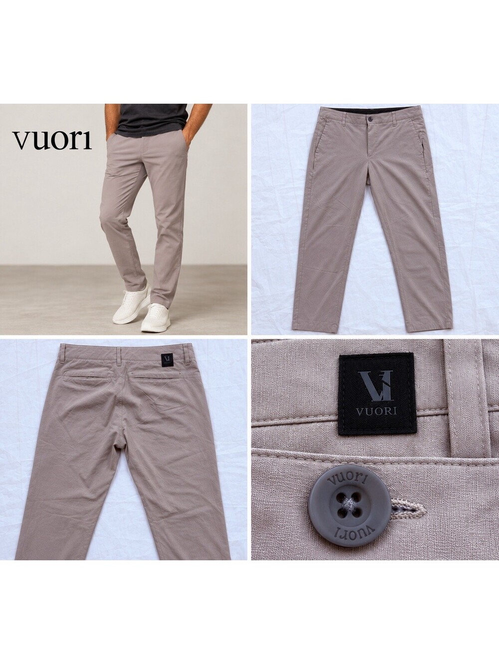 Vuori Men’s Meta Pants Size 33 Gray Taupe Khaki Performance Stretch Slim Fit